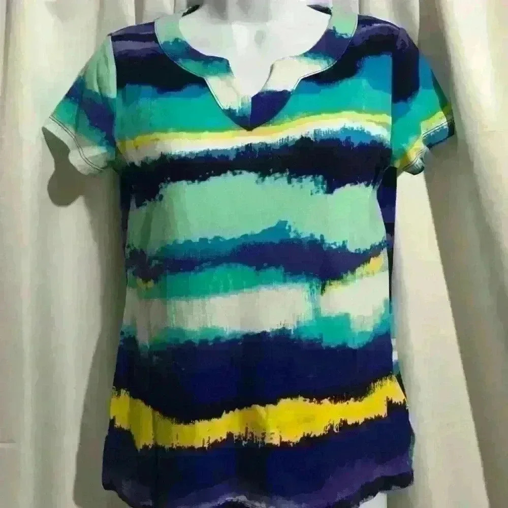 ANNE KLEIN SPORT 2for 1 Watercolor Stripe Split Neck Tee AND purple splash - Picture 6 of 13